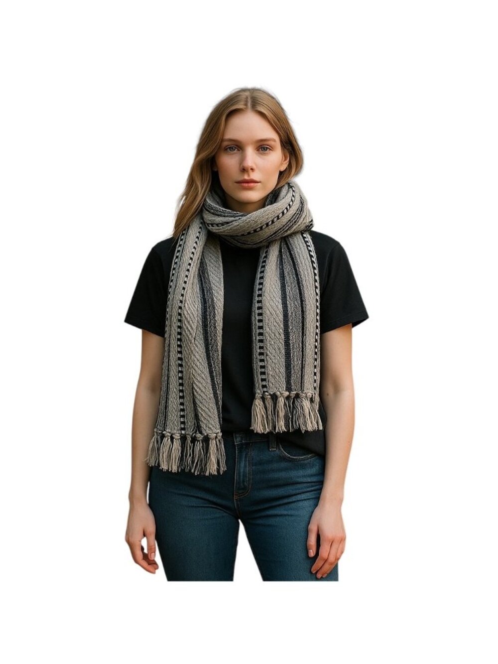 Design Imports Tribal Scarf Cream/Black One Size Boho Carolyn Bessette Kennedy